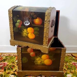 Vintage Hand Painted Wooden Fruits Hope Treasure Chest Trunk Storage 2 Box